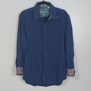 Robert Graham Navy Shirt with Patterned Cuffs Large EUC